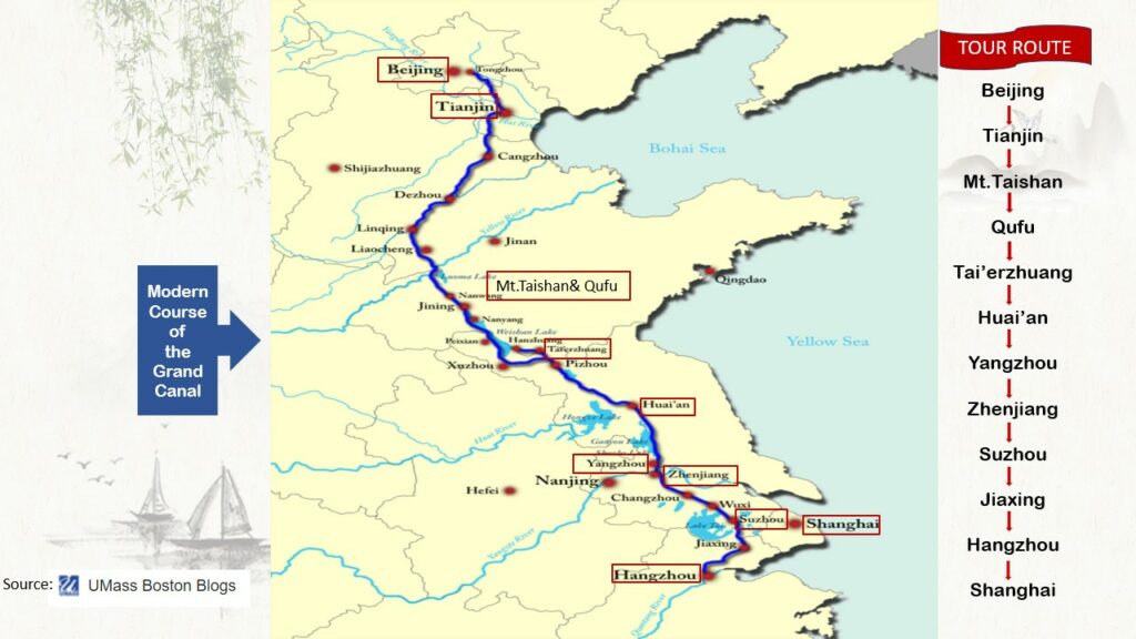 Tour route map following the Grand Canals from Beijing to Shanghai.